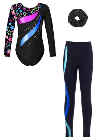 Jydiazi 3er/ 4er Mädchen Turnanzug Langarm Mit Hose Lang Kurz Kinder Beduckte Gymnastik Body Leggings Haargummi Wettkampf Tanzkleidung A_Stern&Schwarz&Blau 146-152