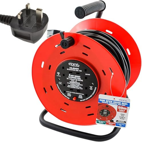 4-Way 50M Open Drum Cable Extension Cord Reel – Heavy-Duty Electrical Socket with Thermal Cut-Out & Reset, Ideal for Home, Office, Industrial Work, DIY, and Garden Use