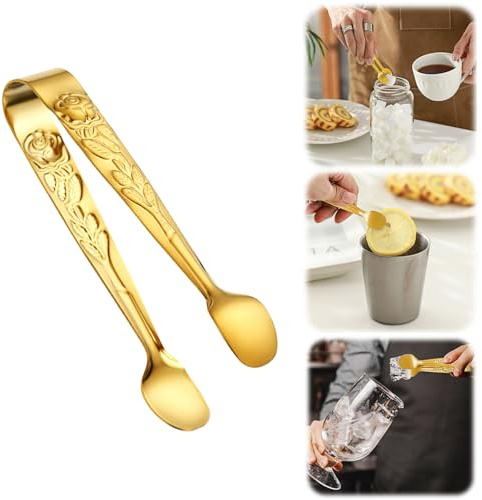 Vintage roshandtag sockertång, ros lindring rostfritt stål iskubsklämmor socker tänger små matklämmor för te och kaffefest, förrätter efterrätter kök barartiklar (guld)