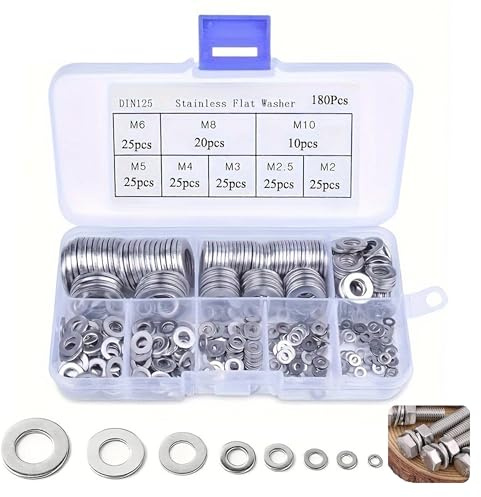 Set di 180 rondelle assortite, 8 misure, rondelle piatte in acciaio inox con scatola di assortimento, set di rondelle per dadi (M2 M2.5 M3 M4 M5 M6 M8 M10)