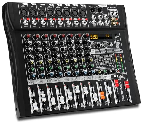 SOWOITIG 8-Kanal Audio Mixer Konsole mit 320 DSP-Effekten, Digitaler DJ-Mixer Professionelles Mischpult mit 7-Band-Equalizer, USB, Bluetooth, 48V Phantomspeisung & Mute-Taste für Aufnahme, Livemusik