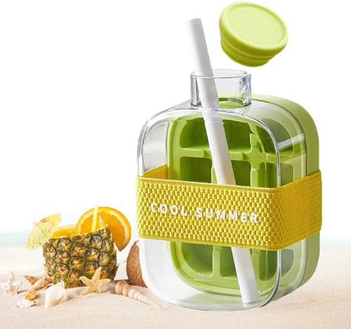 Botella de Agua con Deposito Hielo, Botella de cubitos de hielo 2 en 1, bandeja para cubitos de hielo sin contacto, botella de hielos con tapa y contenedor, Extrae Hielo en 1 Segundo (Verde 500 ml)