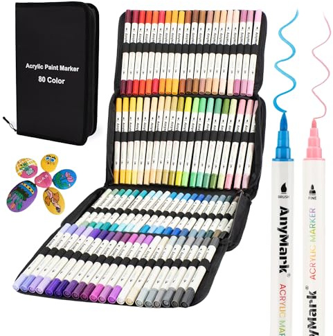 AnyMark 80 Färger Akrylfärgmarkers, Dubbelspets med Penselspets och Fin Spets, Premium Akrylfärgpennor för Sten, Trä, Kalligrafi, Glas, Stenmålning och DIY-Hantverk