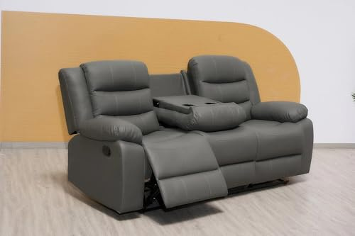 Madrid Leather Recliner Sofa Set with Cupholders – 3+2 Seater Manual Recliner Sofas for Living Room (Grey, 3 Seater)