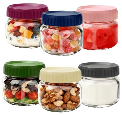 FoiiLiio Set di 6 Barattoli Vetro con Coperchio,250ml bicchieri Overnight Oatmeal,Riutilizzabili Overnight Oats Jar,Vasetti per Marmellata,Vasetto di Avena per la Notte,Yogurt,Meal Prep Mason Jar