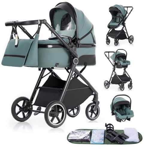 Gcarebb Sistema de viaje 3 en 1, cochecito de viaje con mango de altura ajustable, cochecito con cubierta de lluvia, cochecito de bebé con marco de aluminio para recién nacido
