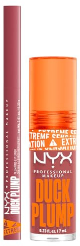 NYX Professional Makeup Duck Plump Gloss Lucidalabbra Colore 03 Nude Swings 7ml + Duck Plump Plumping Lip Liner Matita Labbra Colore 02 Pinkjection Rimpolpante con Zenzero e Peperoncino - Set da 2