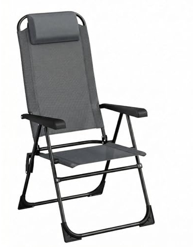 LIFERUN Set med 1 trädgårdsstolar, fällstolar, campingstolar med nackstöd, med 5 justerbara ryggstöd, balkongstolar högt ryggstöd, utomhusstolar för trädgård, terrass, camping, grå, 1 st