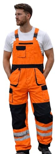 Hi Vis Bib and Brace Work Trousers for Men, High Visibility Reflective Safety Overalls with Adjustable Straps, Multiple Pockets & Reinforced Knees