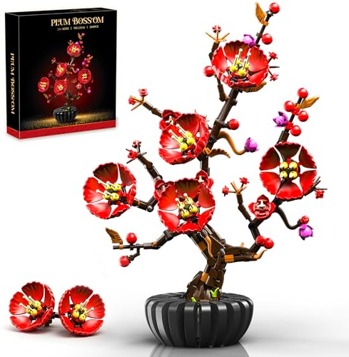 QGGQ 599PCS Pflaumenblüte Blumen Klemmbausteine Pflanzen mit Vase Kompatibel Mit Generische Marke Bausteine Botanical Blumen deko Geschenk für Erwachsene