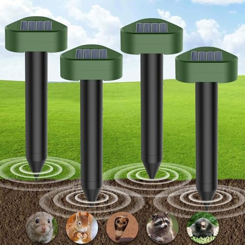 Lot de 4 Répulsif Taupe Solaire à Ultrason, Répulsif à Ultrasons Utilisé pour Repousser Les Animaux Fouisseurs Tels Que Les Taupes Campagnols Serpents Lézards etc, Protection Pelouses Jardins