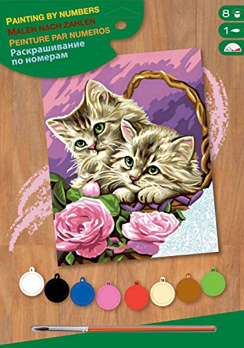 MAMMUT 8221041 - Malen nach Zahlen Junior, Blumenkätzchen, Katze, Komplettset mit bedruckter Malvorlage im A4 Format, 8 Acrylfarben, Pinsel, Anleitung, Malset für Kinder ab 8 Jahre