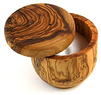 Tramanto Olive Wood Salt Pot - Rustic Wooden Cellar and Pinch for Salts with Lid - 3.5 Inch Wide