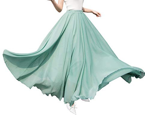 Damen Elegant Chiffon Lang Rock Hohe Taille Fließender Röcke A-Linie Boho Maxirock Strandrock Faltenrock Hochzeit Skirt (L, Hellgrün 1)