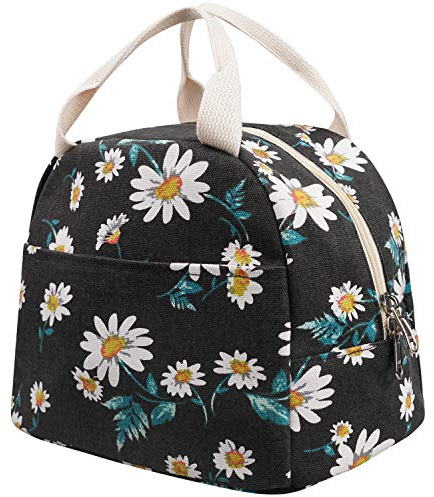 EurCross Floral Daisy Lunch Bag for Women Girls, Reusable Canvas Lunch Tote | High Grade Black Canvas Insulated Lunch Box Bag,Compact Lunch Tote Bag for Work,School,Picnic Travel & Everyday Carry Use