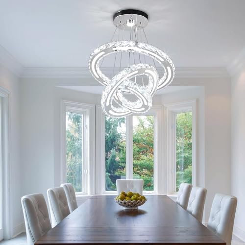 CXGLEAMING Modern LED Crystal Chandelier Ceiling Lights Living Room Light Fittings Ceilings Lamps 3 Rings Pendant for Bedroom Dining Room Hallway Kitchen(White Light, 153 Square Crystals