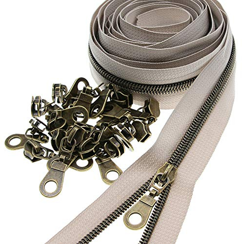 Leekayer #5 Antique Brass Teeth Metallic Nylon Coil Zippers by The Yard Bulk 10 Yards Beige Tape with 25pcs Brass Sliders for DIY Sewing Tailor Craft Bag(Beige)