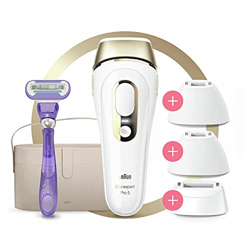Braun Silk·expert Pro 5 Épilateur À Lumière Pulsée, Blanc/Doré, Alternative À L'épilation Laser, Rasoir Venus et Sac Premium, PL5347