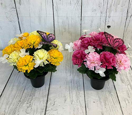 Butterfly Grave Artificial/silk flower pot arrangement funeral 30cm,(MIXED PAIR OF POTS) PLUS PACK OF SMALL BUTTERFLY CLIPS FOR FLOWER ARRANGEMENTS