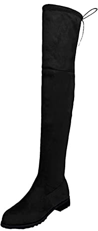 PAIDAXING Bottes hautes pour femme en simili daim - Talon plat - Fermeture éclair latérale - Coupe mollet large - Chaussures à lacets - Taille 37-40, Noir , 40 EU