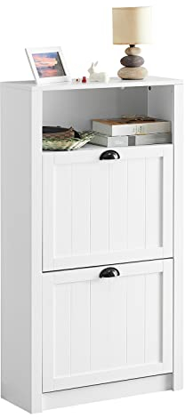 SoBuy FSR87-K-W Schuhkipper Schuhschrank schmal mit 2 Klappen Schuhregal mit 4 Ablageflächen Schuhkommode mit Zusatzfach Schuhablage Weiß BHT ca.: 60x110x24cm