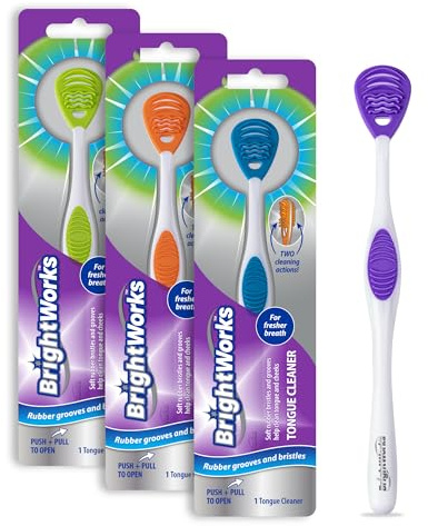 Tongue Cleaner (3-Pack) with Gentle Cheek Scraper. Two-Sided Head with Dual Action Cleaning for Fresh Breath.