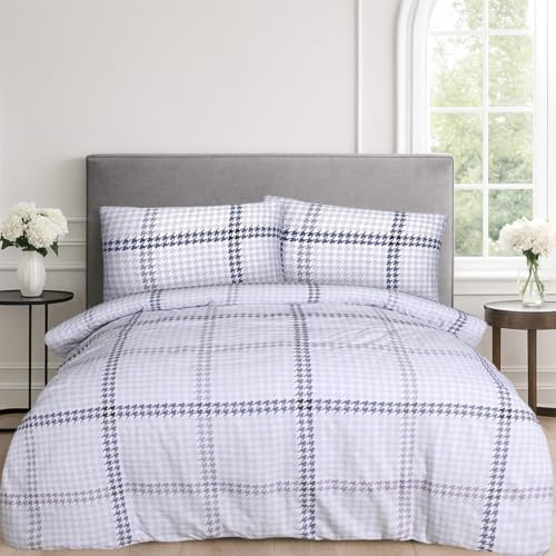 Sleepdown Houndstooth Check Lilac Brown 100% Brushed Cotton Reversible Duvet Cover Quilt Bedding Set with Pillowcases Warm Soft Easy Care Bed Linen - Super King (260cm x 200cm), 5056557512492