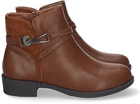 67221-Botin de Tacon Bajo para Mujer, Comodo, Correa con Hebilla, y Cierre de Cremallera, Otono Invierno 2022. Talla 36 Camel