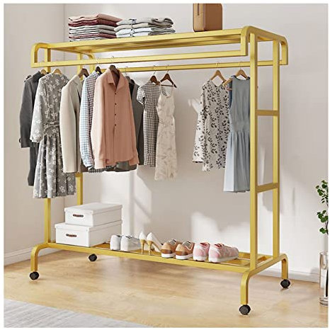 Doppelte Stange Kleidung hängende Schienen Tragbarer kommerzieller Kleiderwagen Großer mobiler Kleiderständer Mit unteren Ablageflächen und 4 Rädern für Schlafzimmer Eingang ( Color : Gold , Size : 12
