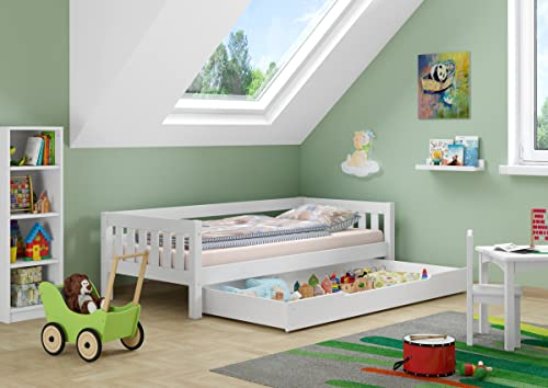 Erst-Holz®Gemütliches Kinderbett mit dreiseitiger Sicherung 90x200 cm Kiefer weiß V-60.29-09WRollrost und Bettkasten inkl.