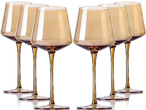 comfit - Juego de 6 copas de vino de color ámbar con tallo largo y borde fino, vasos de vino de colores modernos para bodas, cumpleaños, aniversario, 18 onzas (ámbar)