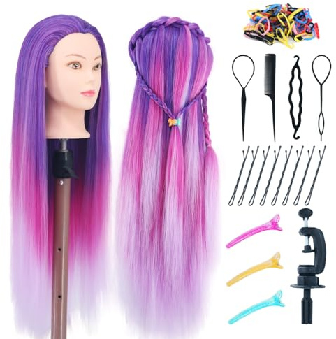 Eumos Mannequin Head with Hair 29'' Practice Head for Hair Styling Training | 100% Synthetic Fiber Hair Mannequin Head Hairstyling Manikin Cosmetology Dolls Head with Table Clamp+DIY Braiding Set