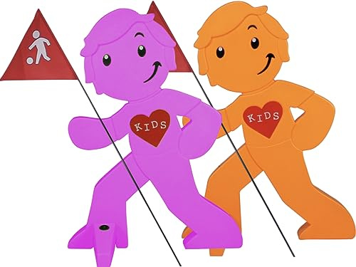 StreetBuddy – varningsfigur med flagga, reflekterande varningsstativ för barnsäkerhet – observera att köra långsamt – varningslekande barn – skylt för bilförare (1x magenta, 1 x orange)