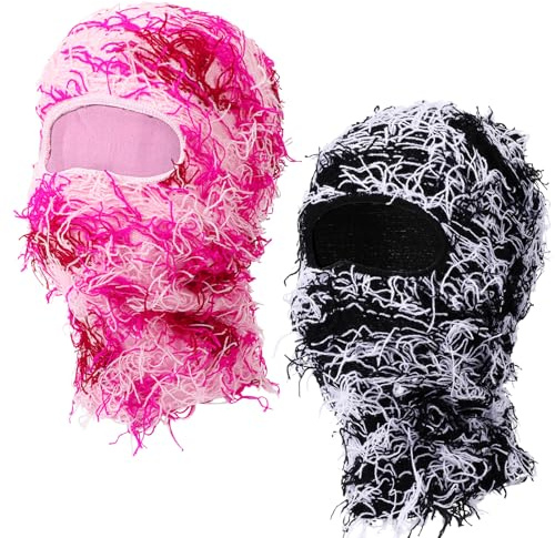 QKURT 2 Pcs Distressed Balaclava, Knitted Ski Mask Full Face Windproof Warm Cool Hat, Motorcycle Cycling Winter Warm Face Mask Special Party Dress-up for Men