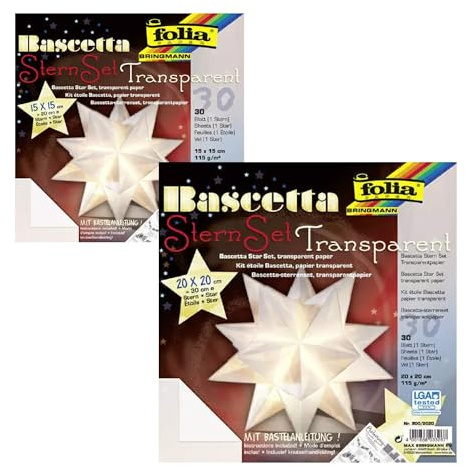 CREATIV DISCOUNT Faltblätter Set Bascetta-Sterne, Transparentpapier Weiß, extrastark, 15x15cm & 20x20cm jeweils 30 Blatt