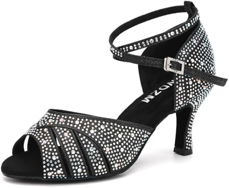 SWDZM Scarpe da Ballo Latino Donna Strass Salsa Bachata Prestazioni Professionale,Zwart,Hakhoogte 7cm,Suède zool,EU 36
