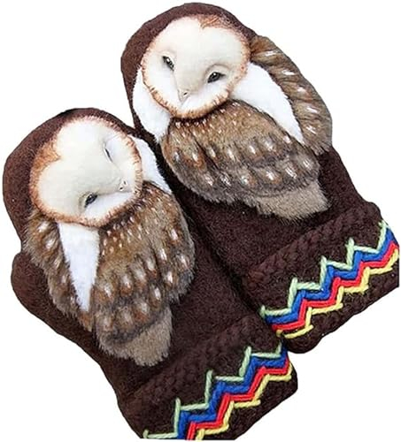 Buobiy Handgestrickte nordische Fäustlinge aus Wolle mit Eulen, warme Winter-Strickhandschuhe für Damen, braun, One size