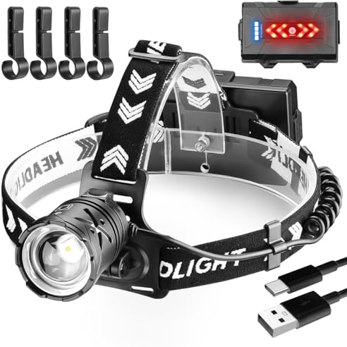 NAKCNM Head Torch Rechargeable, LED Headtorch Battery Powered 15000 Lumens, Headlamp Waterproof 4 Mode Headlight 90° Adjustable Lamp Head Lights with Red Light for Camping Hiking Fishing