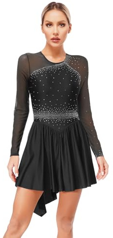 Oyolan Justaucorps Robe Patinage Artistique Femme Tenue Strass Manches Longues Leotard Gymnastique Performance S-XXL A Noir M