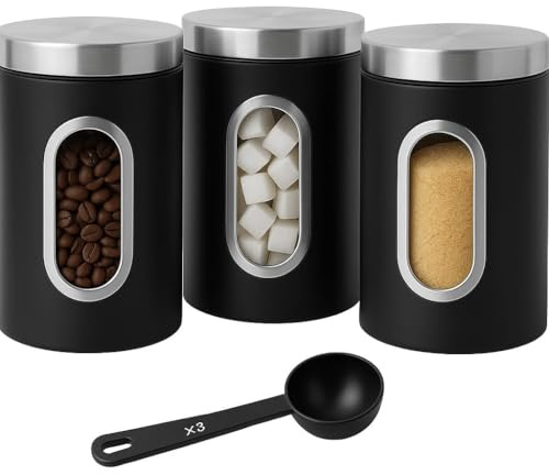 Tea Coffee Sugar Canisters Set with 3 Scoops, Stainless Steel Set of 3 Kitchen Canister, Transparent Window Airtight Biscuit Container Set, Dry Food Storage Containers for Tea Coffee & Sugar
