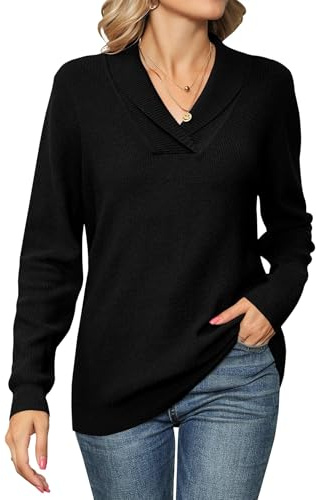 Cuptacc Jersey para mujer de manga larga, cuello de pico, elegante, cuello de punto, jersey para mujer, monocolor, Negro , S