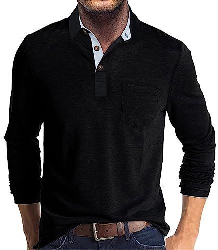 UHouse Poloshirt Herren Langarm Shirt Basic Baumwolle Langarmshirt mit Knopfleiste Mode Longsleeve Polohemd mit Brusttasche Leichte Sommershirt Regular Fit Polo Shirt Schwarz XXL