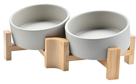 SPUNKYJUNKY 15° Kippbare Keramik Hundenapf mit Holzständer Futter und Wassernapf rutschfest für Hunde und Katzen mit Flachen Gesichtern Kleinen und Mittelgroßen Hunden (400ml × 2, Grau)