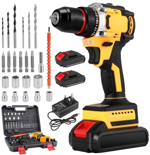 Cordless Drill,21V Electric Hammer Drill Set,45Nm Electric Impact Power Drill with 2 Batteries 2000mAh,25+2 Torque Screwdriver Set,2 Speed Combi Drills with LED Light,Power Tools for Home and Garden