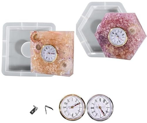 2 Stück Uhr Silikonformen für Epoxidharz – Sechseckige und quadratische Formen zum Erstellen von DIY Uhren, mit 2 Uhrmechanismen im Lieferumfang enthalten