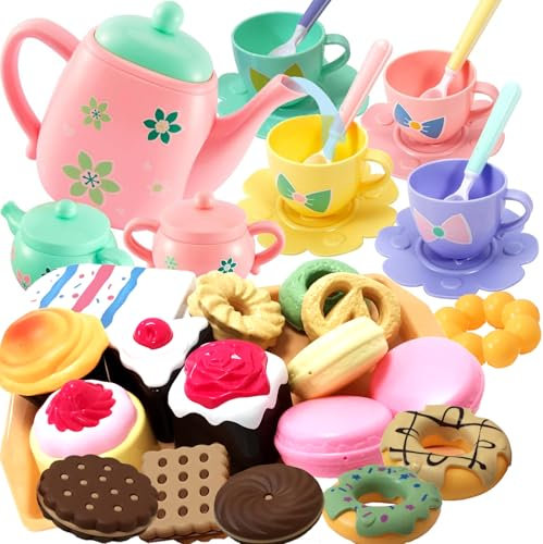 COO11 Kids Tea Set - 37Pcs Tea Party Set for Toddlers with Cups, Plates, Teapot, Kettle, Spoons, Cookies and Desserts - BPA-Free Plastic Kitchen Playset and Role Play Food Toy for Ages 3+ Years