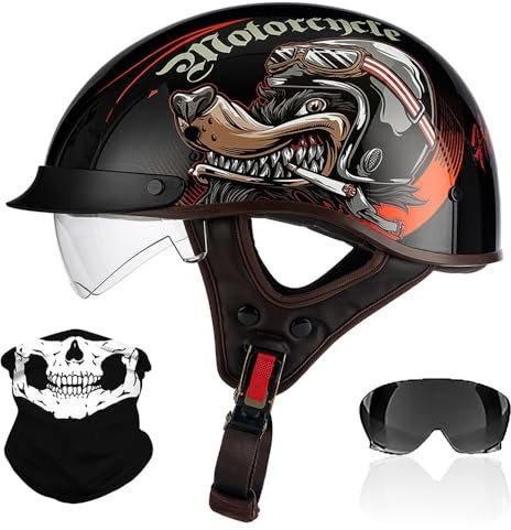 RHBDDHV Demi-Casque de Moto, Casque Moto Rétro, Casque Jet ECE2206 Homologué, Casque Moto Cyclomoteur avec Visière, Casque de Moto Hommes et Femmes, pour Moto et Scooter, M~XXL