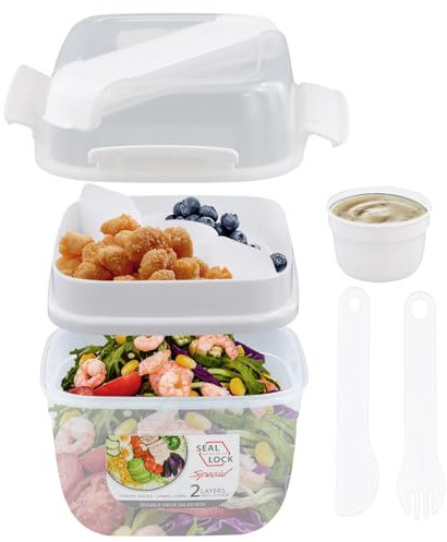Heavenlife Salad Lunch Box, 1400ml Bento Lunch Box with Divided Compartments, Built-in Reusable Spoon, Leak-Proof, Salad Bowl with Dressing Container for Lunch, Snacks, Fruits