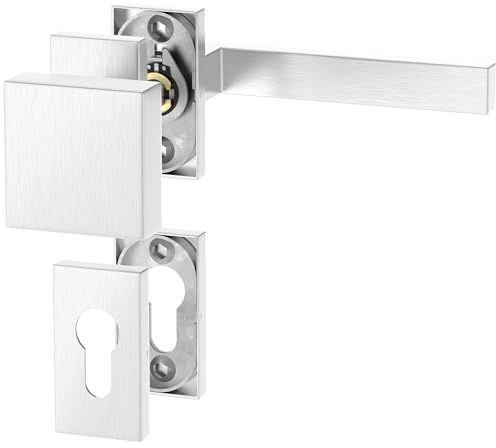 ERGO line CUBE Links, Profiltür-Drückergarnitur mit Festem Türknopf, Oval-Rosette, Edelstahl Eckig Türbeschlag, PZ-Rosette, Rosettengarnitur für Rahmentüren, Schmalrahmenbeschläge