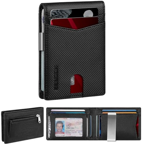 Mens Wallets Slim RFID Blocking Zipper Pocket Bifold Leather Wallet with Up to 12 Credit Card Holder, Money Clip, ID Window, Perfect for Men UK with Gift Box